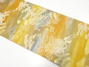 アンティーク　屋敷に御所車・草花模様織り出し袋帯（着用可）